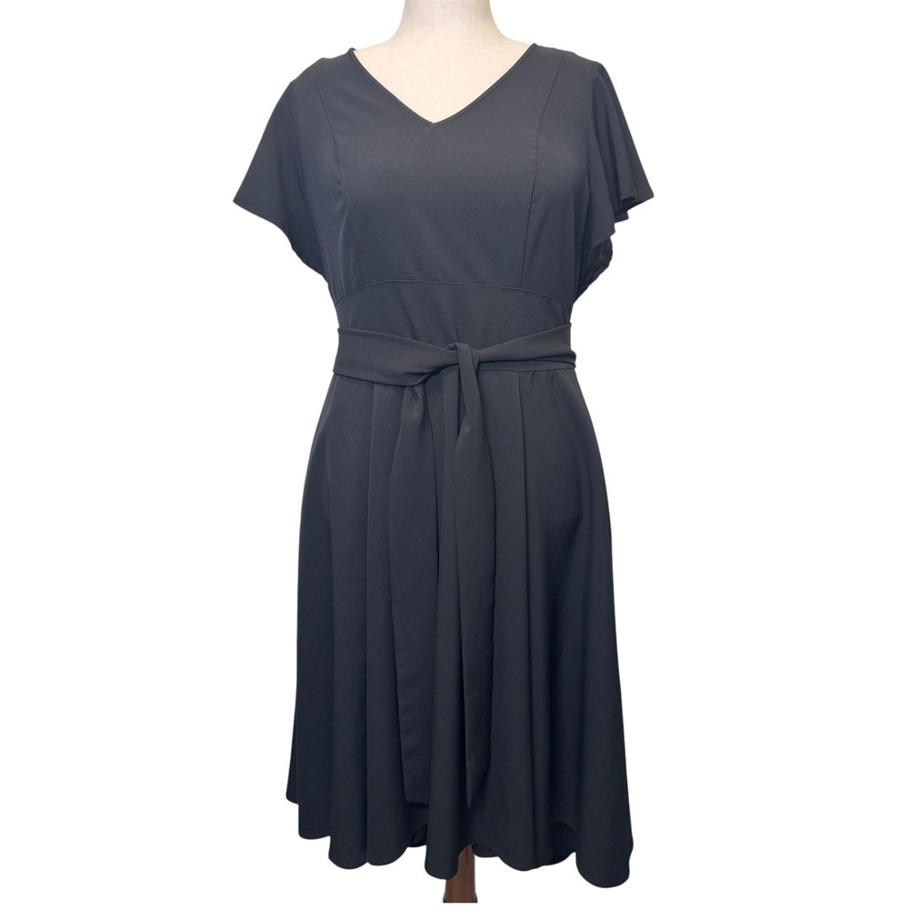 Lane Bryant Hi-Lo Midi Dress 16 Black Flutter Sleeve Stretch Tie Waist Pockets